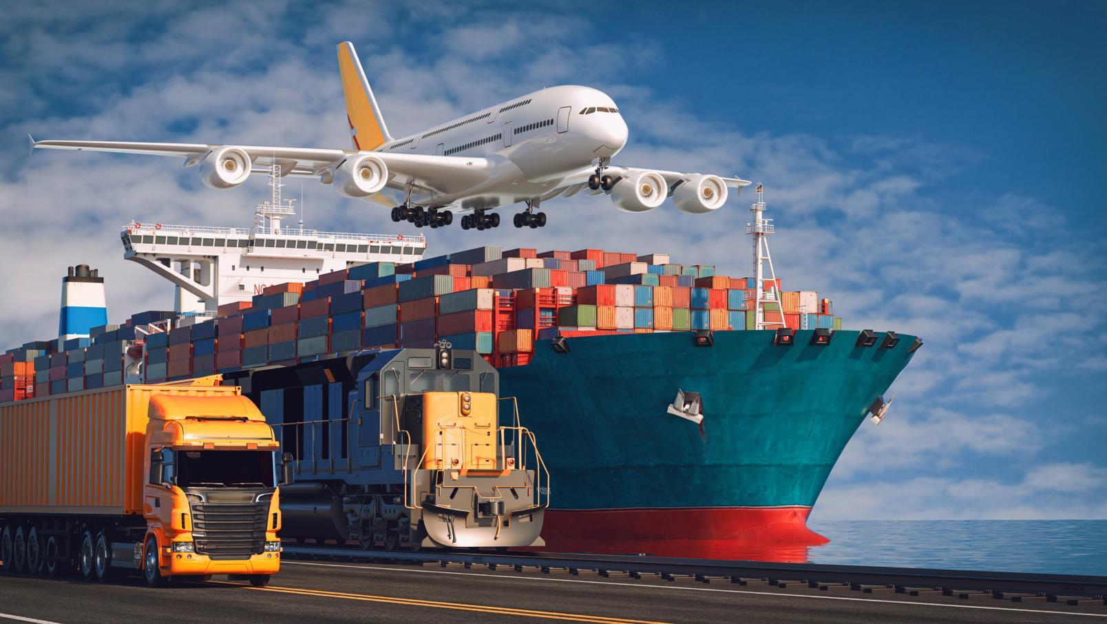 Comprehensive logistics operations showing air, sea, rail and road transportation